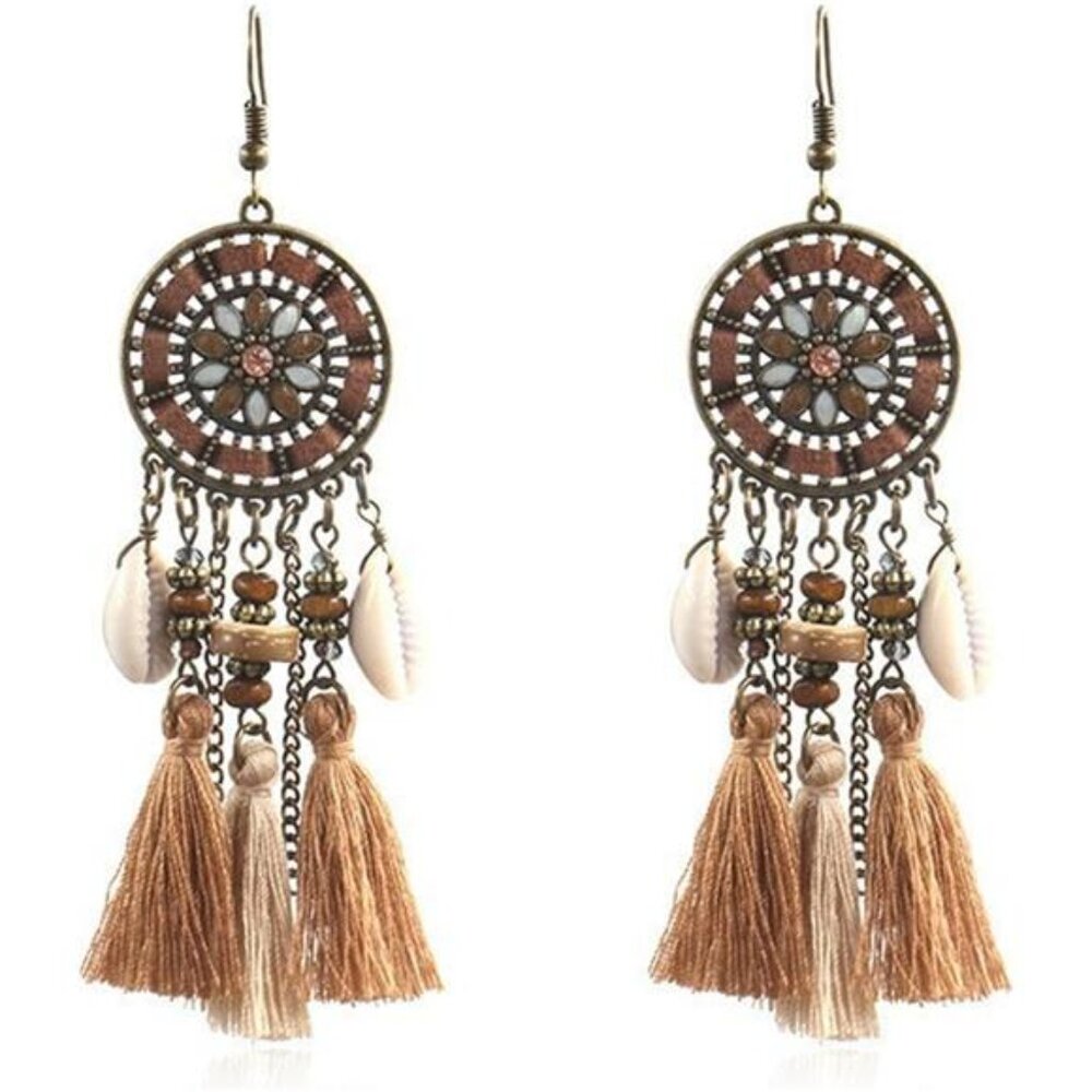 Boho Dreamcatcher Tassel Earrings | Feather & Turquoise Dangle Designs